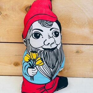 Charming Gnome Pillow with Red Hat and Yellow Flowers